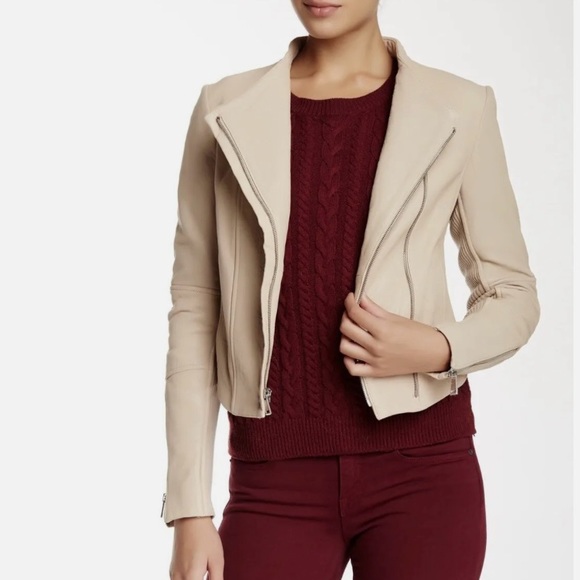 Vince Sand Shell Asymmetrical Rib Knit 100% Lambskin Leather Moto Designer Coat - Picture 2 of 16